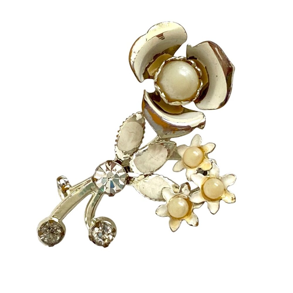 Cream Enamel Flower Brooch Pin Rhinestones Faux Pearls Vintage 2in Long